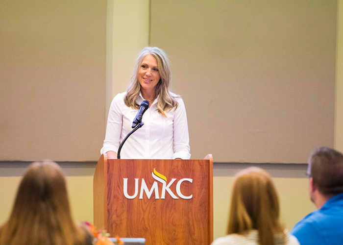 Jennifer Schnack of T-Mobile delivers remarks on workforce development at UMKC TalentLink's Community Launch.