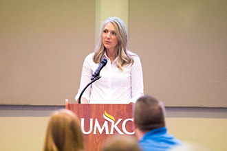 Jennifer Schnack of T-Mobile delivers remarks on workforce development at UMKC TalentLink's Community Launch.